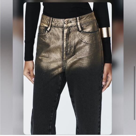 Zara Black and Metallic Gold HIGH WAIST Z1975 STRAIGHT LEG FOIL JEANS - Picture 5 of 11